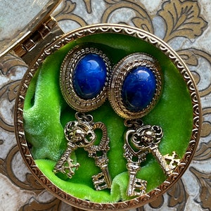 Vintage Blue Cabochon Antique Keys Unique Clip On Earrings image 7