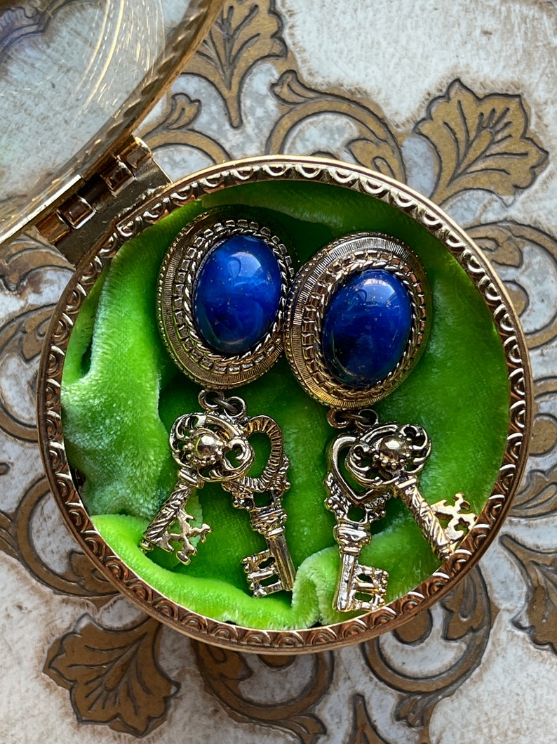 Vintage Blue Cabochon Antique Keys Unique Clip On Earrings image 7