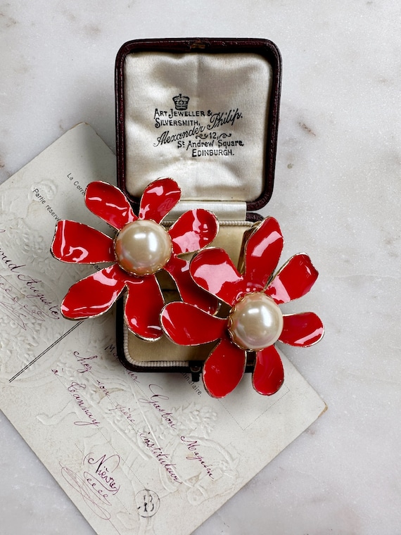 Vintage Massive Red Enamel Floral Shaped Clip Ear… - image 2