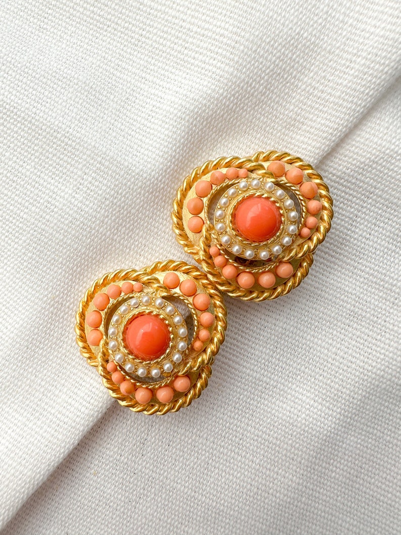 Superb CRAFT Signed Etruscan Byzantine Vintage Clip On Earrings with Faux Coral Cabochon Stones image 2