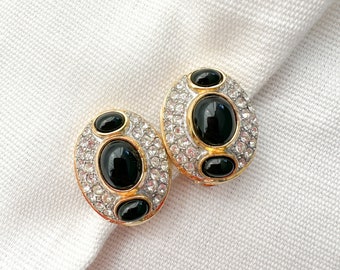 Magnificent Black Glass Gripoix Cabochon Vintage Statement Chunky Clip On Earrings with Rhinestones