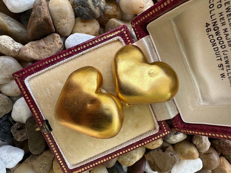Vintage Signed Brushed Matte Gold Plated Small Petite Heart Shaped Clip On Earrings image 4