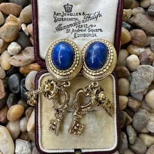 Vintage Blue Cabochon Antique Keys Unique Clip On Earrings image 3