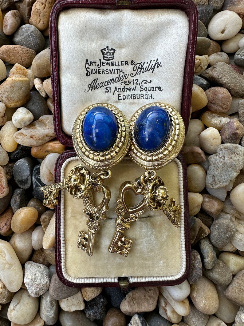 Vintage Blue Cabochon Antique Keys Unique Clip On Earrings image 3