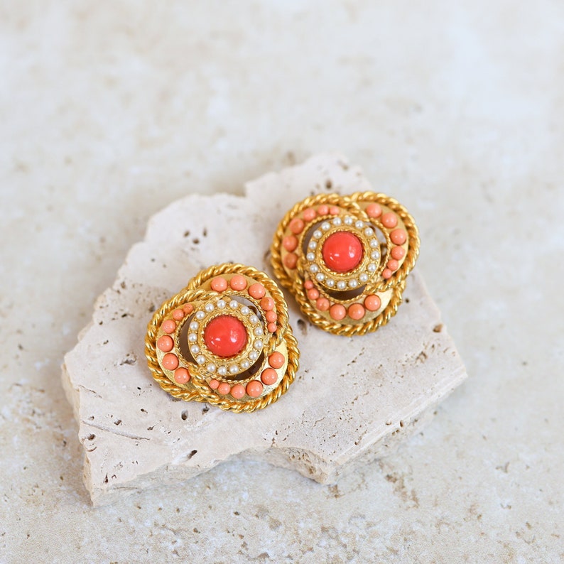 Superb CRAFT Signed Etruscan Byzantine Vintage Clip On Earrings with Faux Coral Cabochon Stones image 1