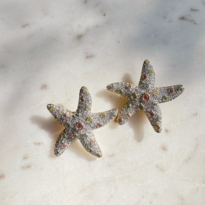 Amazing SAL Signed Starfish Shaped Massive Designer Clip On Earrings with Clear and Colorful Rhinestones image 6