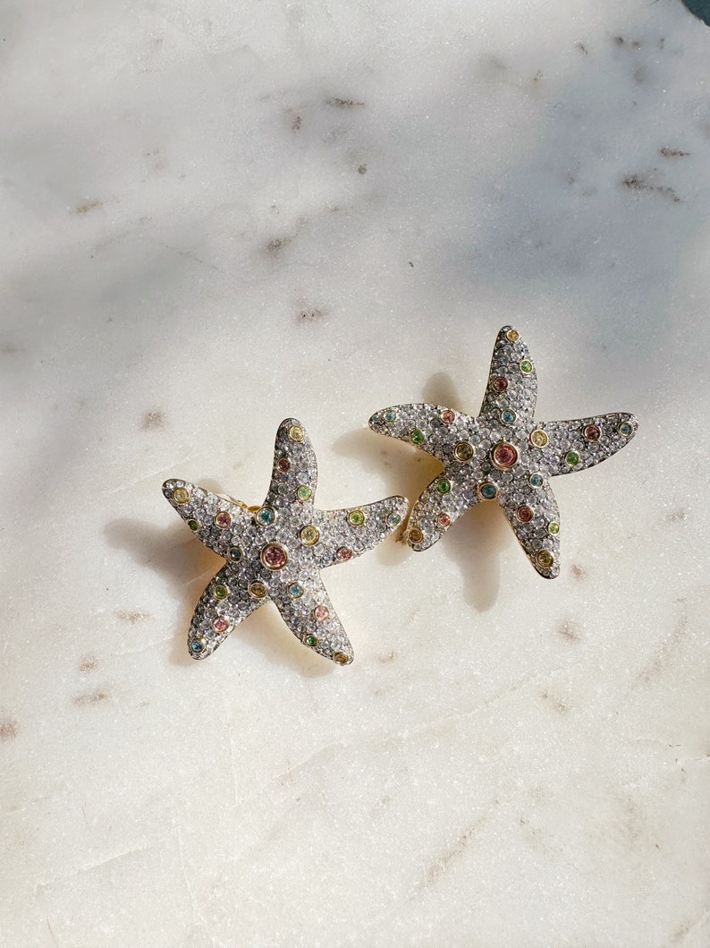 Amazing SAL Signed Starfish Shaped Massive Designer Clip On Earrings with Clear and Colorful Rhinestones image 6