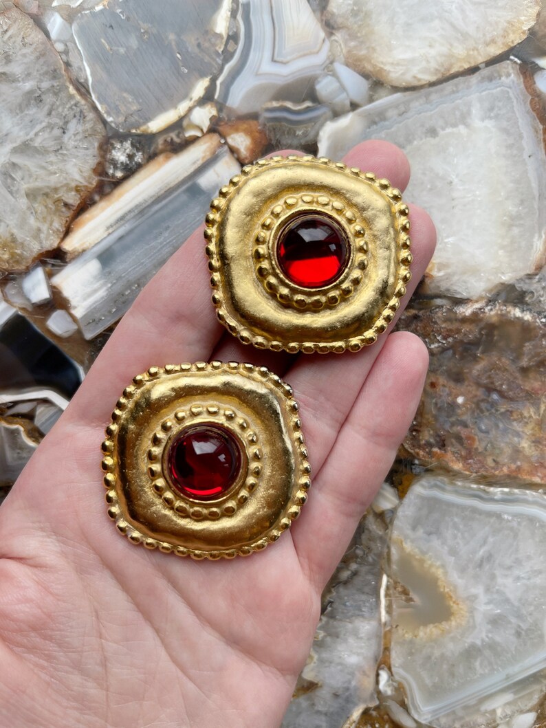 Gorgeous Vintage 1980's Massive Red Glass Round Classic Couture Statement Clip Earrings image 8