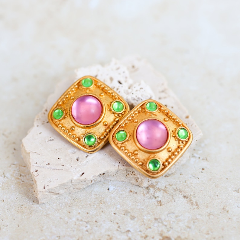 EXQUISITE LESLIE BLOCK Signed Massive Matte Gold Statement Runway Clip Earrings With Pastel Colored Cabochons image 1