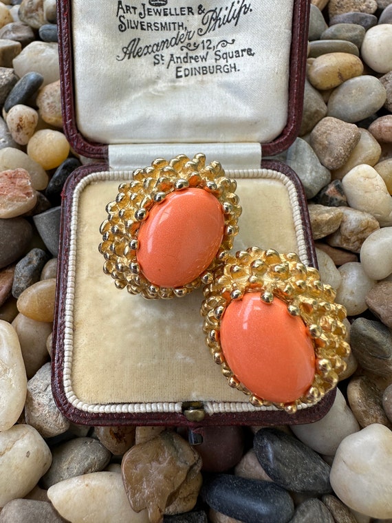 Vintage Erwin Pearl Satin Faux Coral Cabochon Cli… - image 5