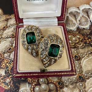 Stunning NOS 1990s Classic Clip On Earrings with Green Crystals and Clear Rhinestones image 4