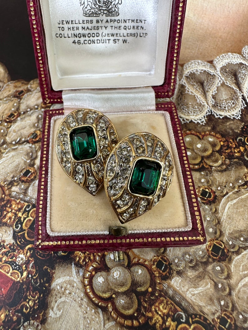 Stunning NOS 1990s Classic Clip On Earrings with Green Crystals and Clear Rhinestones image 4