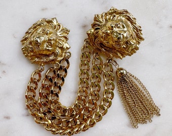 Accessocraft NYC Signed Lion Heads Gold Plated Belt Buckle 80s