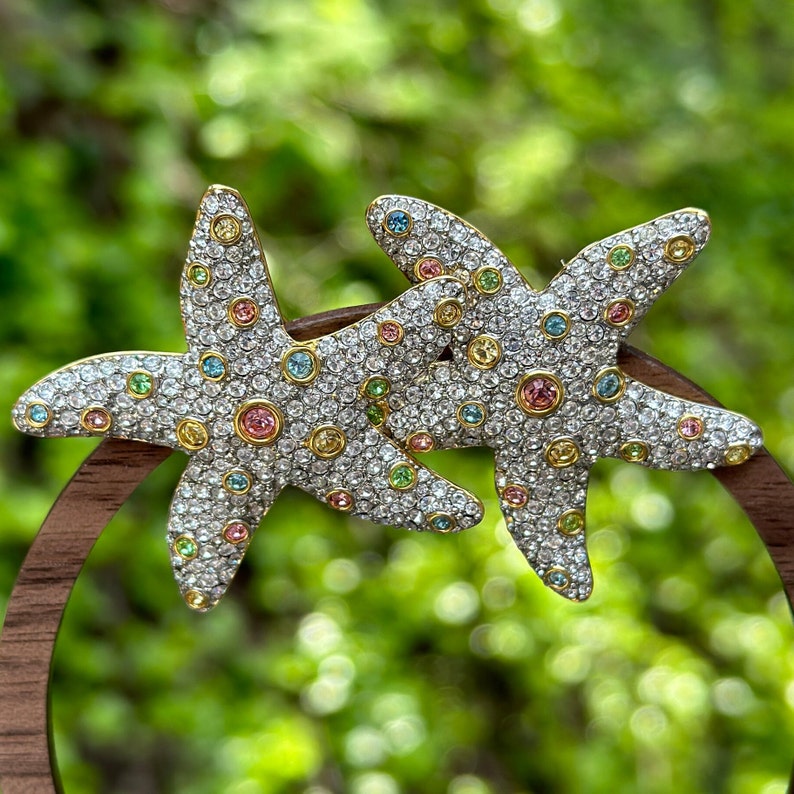 Amazing SAL Signed Starfish Shaped Massive Designer Clip On Earrings with Clear and Colorful Rhinestones image 5