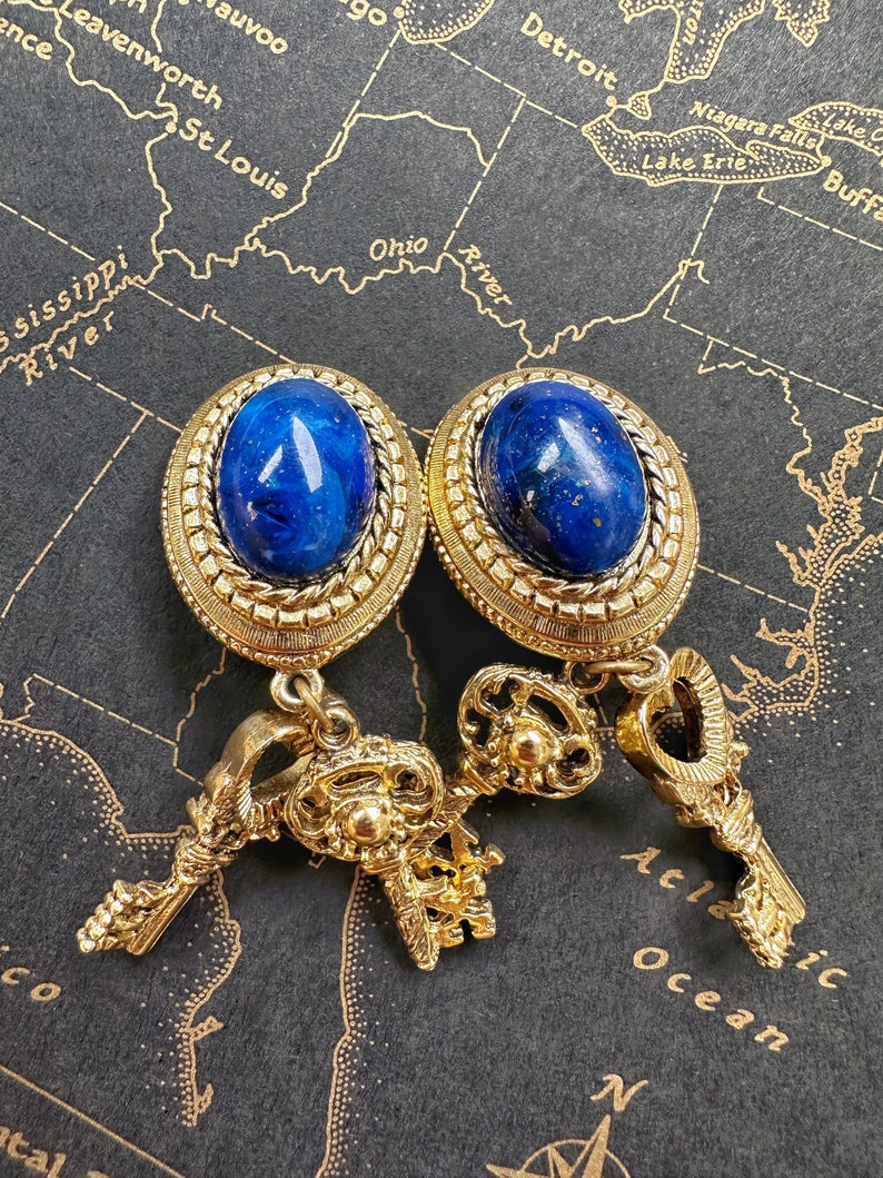 Vintage Blue Cabochon Antique Keys Unique Clip On Earrings image 6