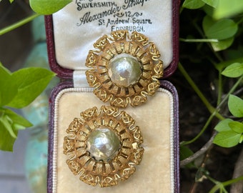 Stunning 1950s Miriam Haskell Gold Filigree Clips On Earrings with Large Faux Baroque Pearls