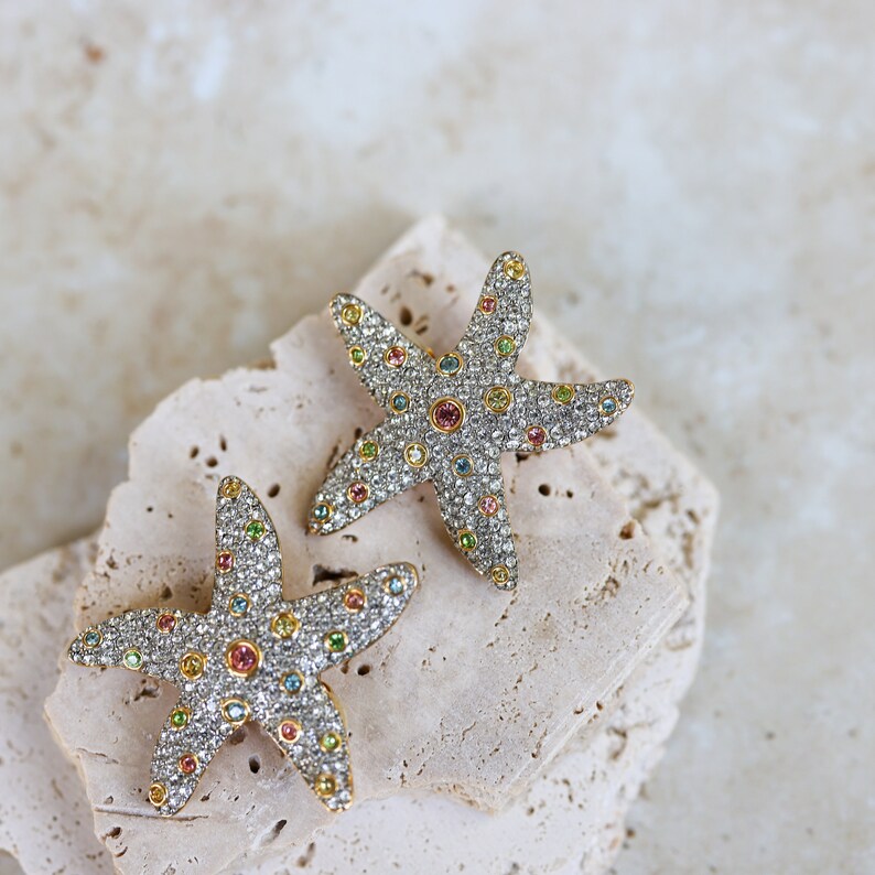 Amazing SAL Signed Starfish Shaped Massive Designer Clip On Earrings with Clear and Colorful Rhinestones image 3