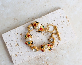 Beautiful Classic Faux Pearls Lightweight Vintage Bracelet with Colorful Multi Lucite Cabochons, Jewels of India