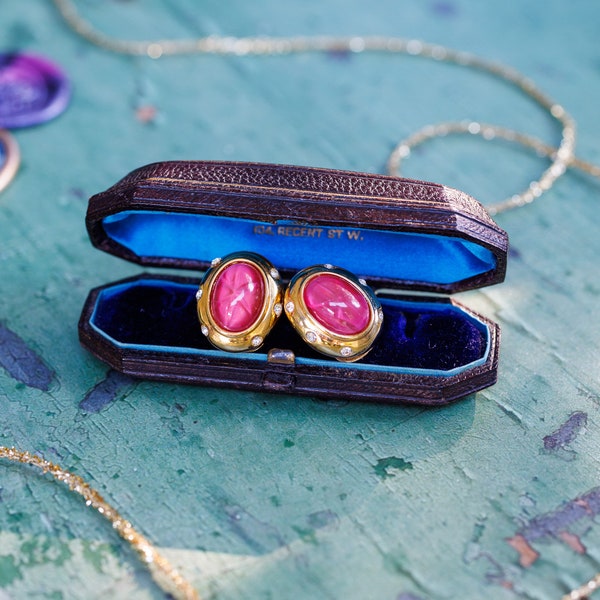 Vintage Nolan Miller Pink Glass Cabochon North Star Clip On Earrings