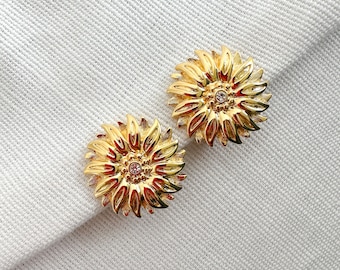 Joan Rivers Gold Tone Crystal Sunflower Classic Statement Vintage Clip On Earrings