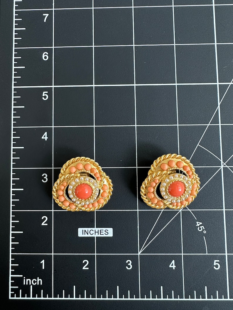 Superb CRAFT Signed Etruscan Byzantine Vintage Clip On Earrings with Faux Coral Cabochon Stones image 8