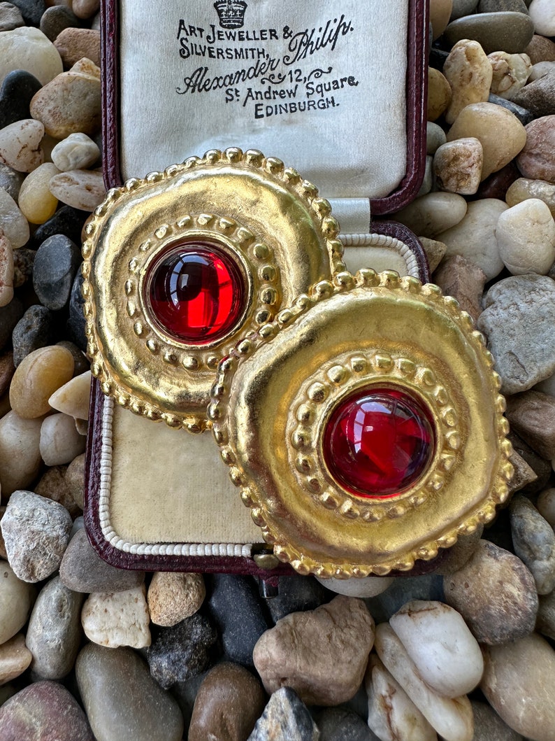 Gorgeous Vintage 1980's Massive Red Glass Round Classic Couture Statement Clip Earrings image 3