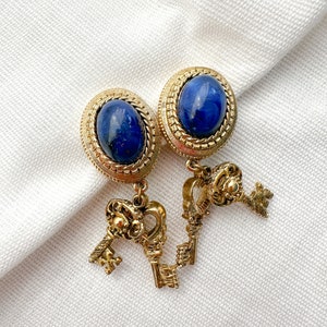 Vintage Blue Cabochon Antique Keys Unique Clip On Earrings image 2