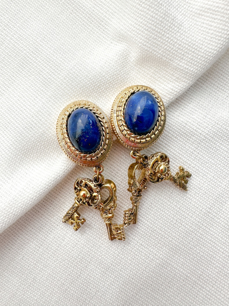 Vintage Blue Cabochon Antique Keys Unique Clip On Earrings image 2