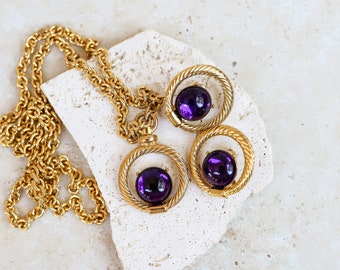 Vintage Park Lane Gold Tone Statement Chain Necklace with Purple Lucite Cabochon Pendant and Clip Earrings