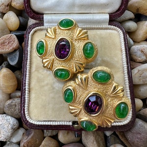 Vintage Etruscan Green Glass Cabochon Statement Clip On Earrings image 4