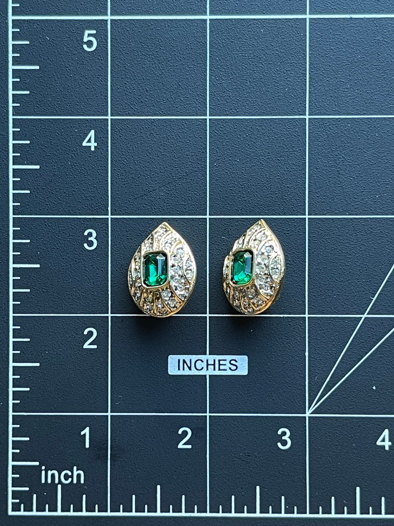 Stunning NOS 1990s Classic Clip On Earrings with Green Crystals and Clear Rhinestones image 7