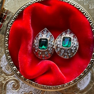 Stunning NOS 1990s Classic Clip On Earrings with Green Crystals and Clear Rhinestones image 6