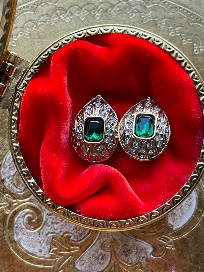 Stunning NOS 1990s Classic Clip On Earrings with Green Crystals and Clear Rhinestones image 6