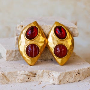 Vintage YSL Matte Gold tone Red Art Glass Cabochon Stones Lever Back Earrings