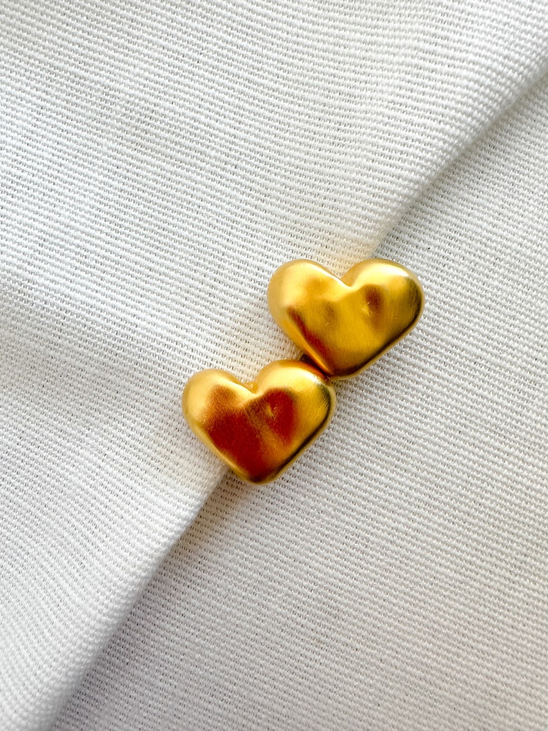 Vintage Signed Brushed Matte Gold Plated Small Petite Heart Shaped Clip On Earrings image 2