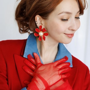 Vintage Oversized Chunky Statement Red Enamel Floral Shaped Clip-on Earrings Unsigned Les Bernard