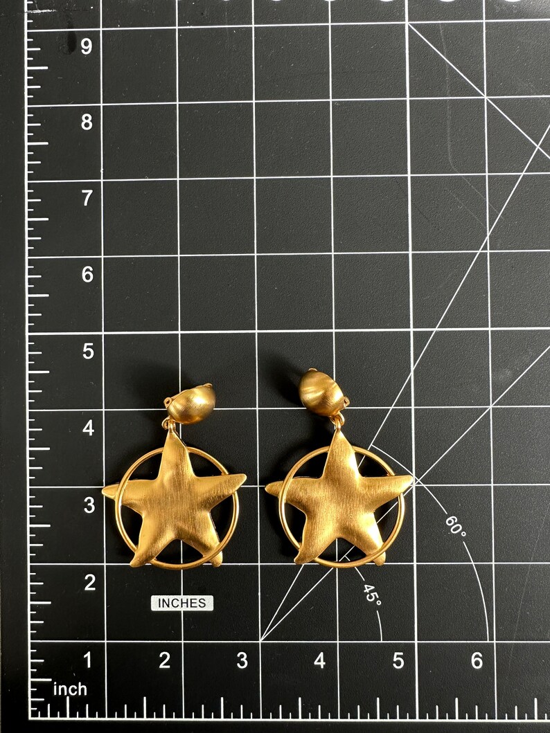 Stunning Anne Klein Couture Star Shaped Matte Gold Tone Brushed Drop Dangle Clip On Earrings image 9