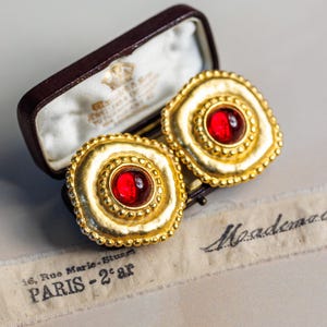 Vintage 1980s Chunky Matte Gold-tone Statement Clip Earrings with Ruby Red Glass Cabochons