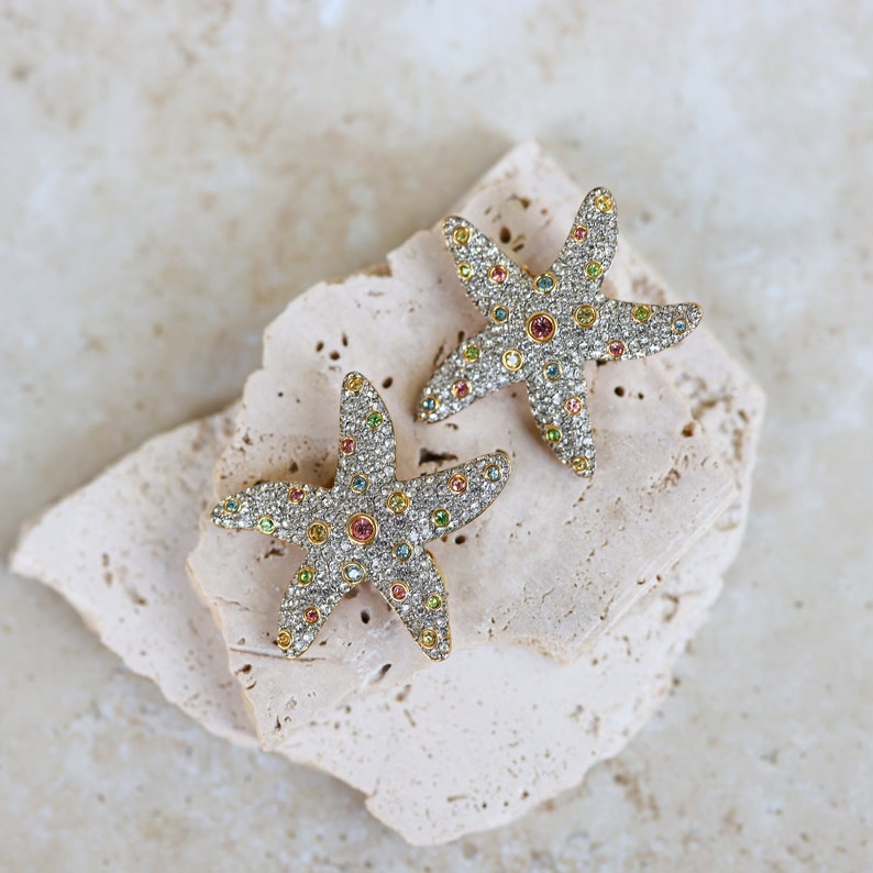 Amazing SAL Signed Starfish Shaped Massive Designer Clip On Earrings with Clear and Colorful Rhinestones image 1