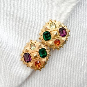 Vintage Maresca Signed Etruscan Multi Gems Statement Clip On Earrings image 1