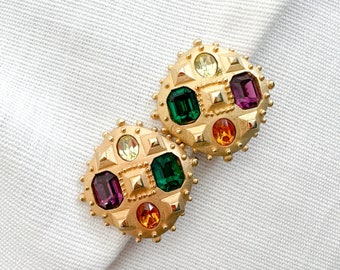 Vintage Maresca Signed Etruscan Multi Gems Statement Clip On Earrings