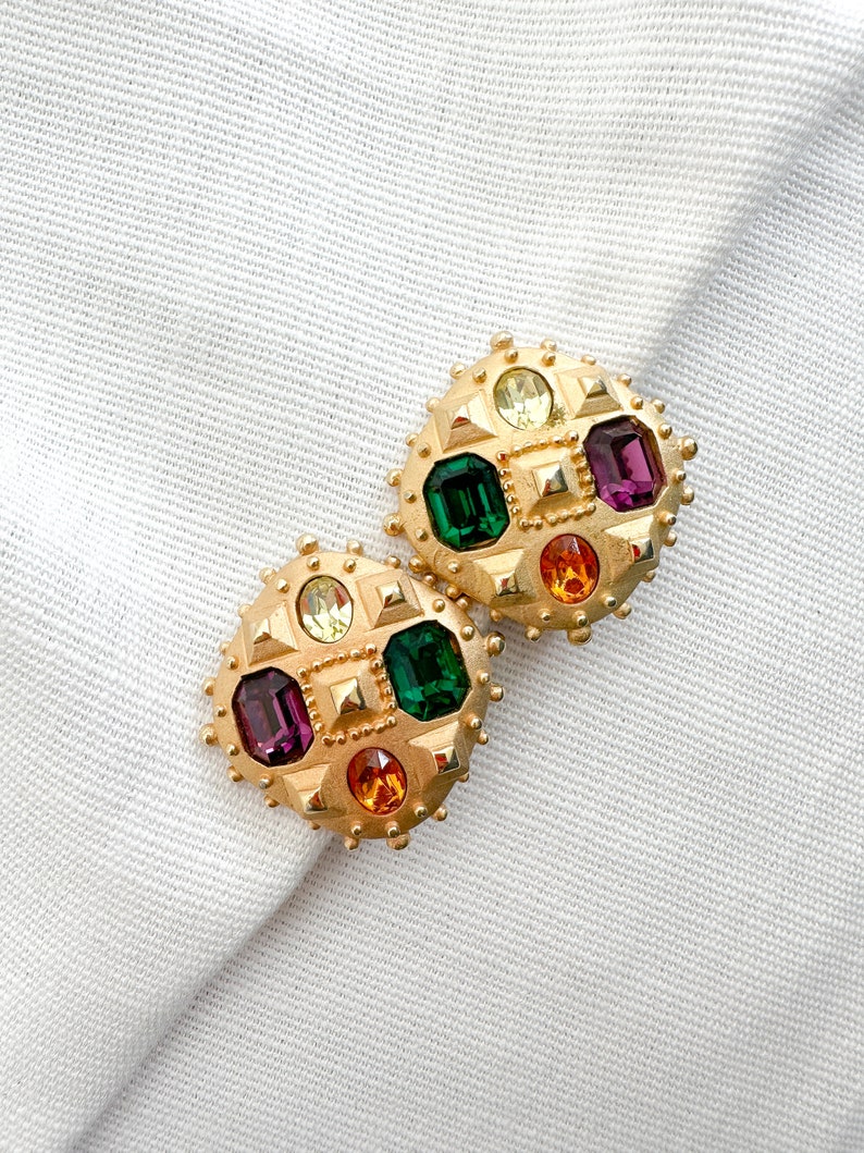 Vintage Maresca Signed Etruscan Multi Gems Statement Clip On Earrings image 1