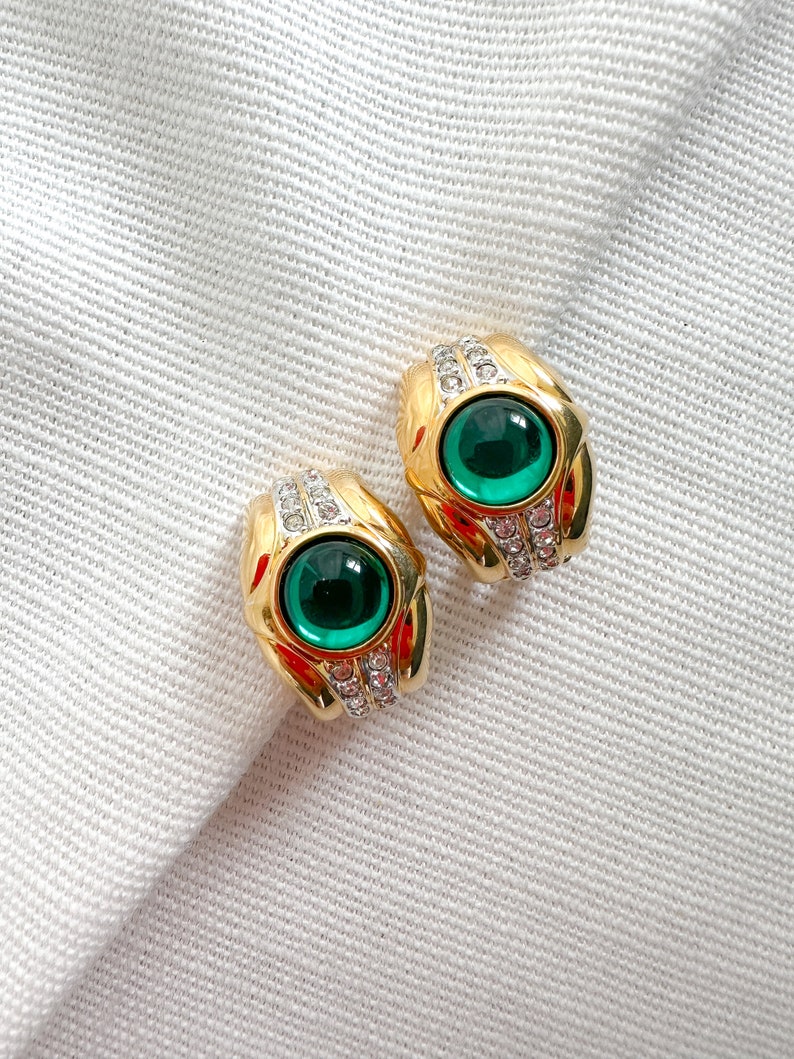 Vintage NOS Huggie Clip On earrings with Green Cabochon Stone image 3