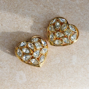Vintage YSL Heart Shaped Statement Clip-On Earrings with Clear Crystals