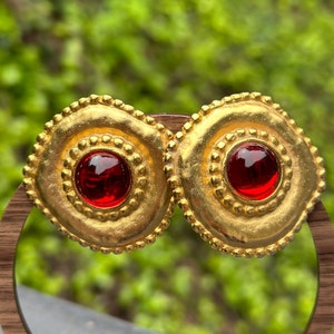 Gorgeous Vintage 1980's Massive Red Glass Round Classic Couture Statement Clip Earrings image 4