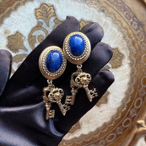 Vintage Blue Cabochon Antique Keys Unique Clip On Earrings image 8