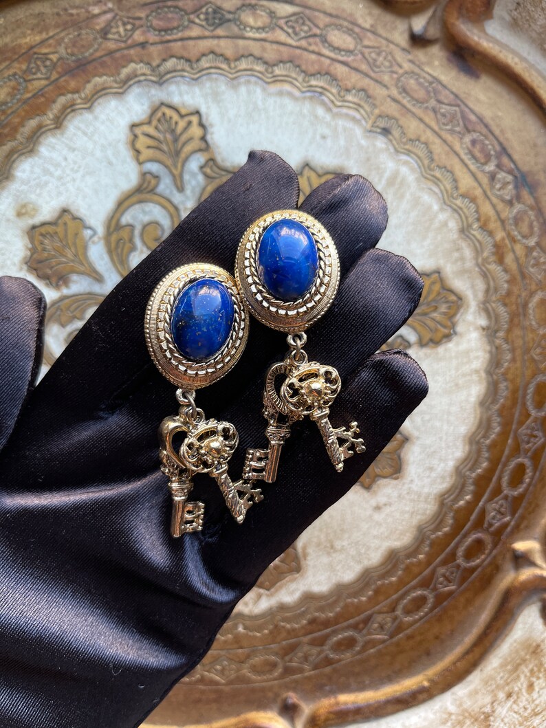 Vintage Blue Cabochon Antique Keys Unique Clip On Earrings image 8