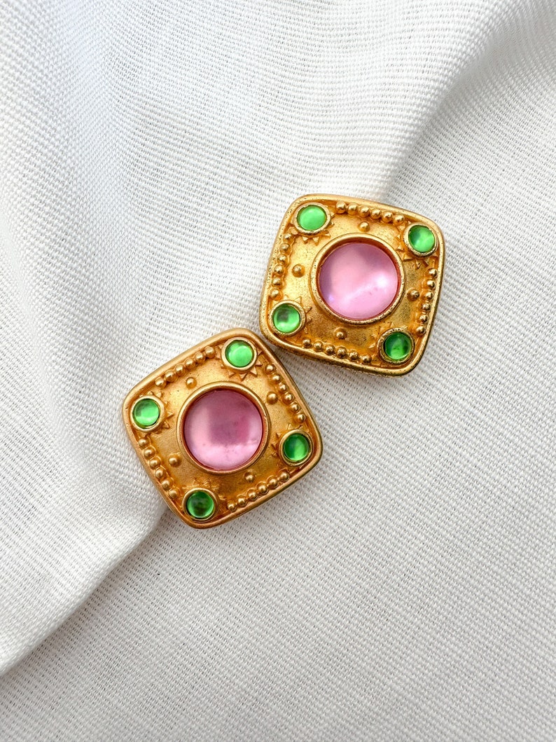 EXQUISITE LESLIE BLOCK Signed Massive Matte Gold Statement Runway Clip Earrings With Pastel Colored Cabochons image 3