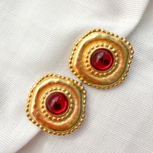 Gorgeous Vintage 1980's Massive Red Glass Round Classic Couture Statement Clip Earrings image 1