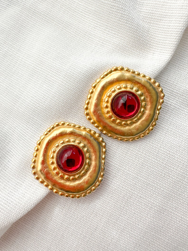 Gorgeous Vintage 1980's Massive Red Glass Round Classic Couture Statement Clip Earrings image 1